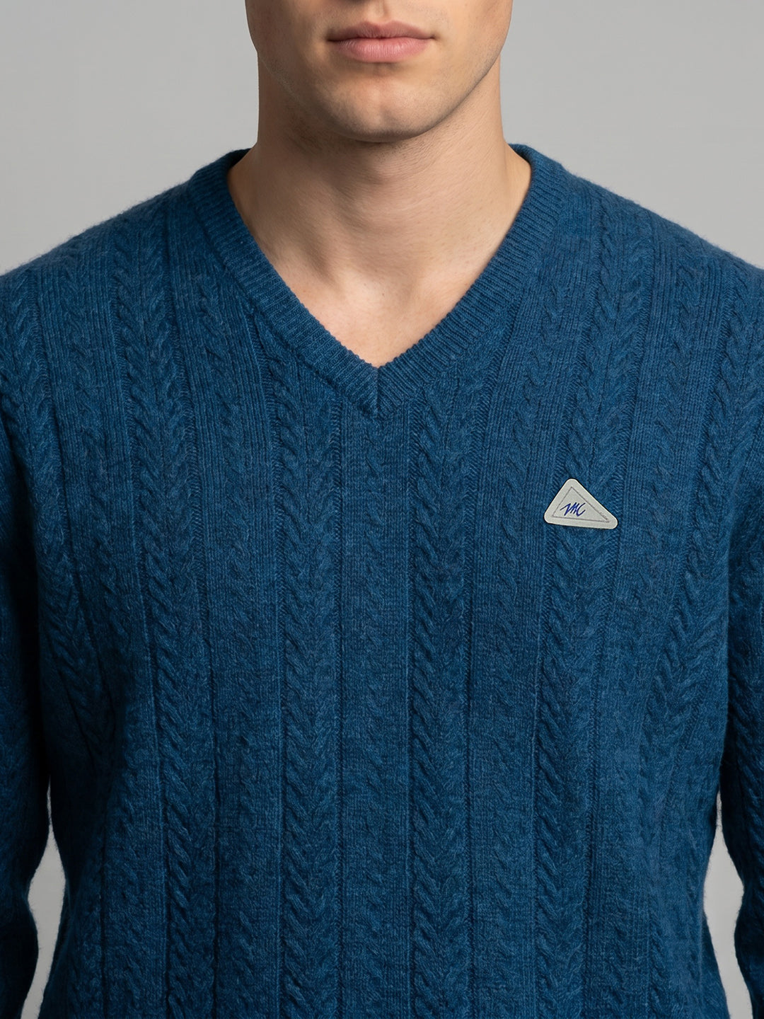 Men Blue Self Design V Neck Full Sleeve Pullover