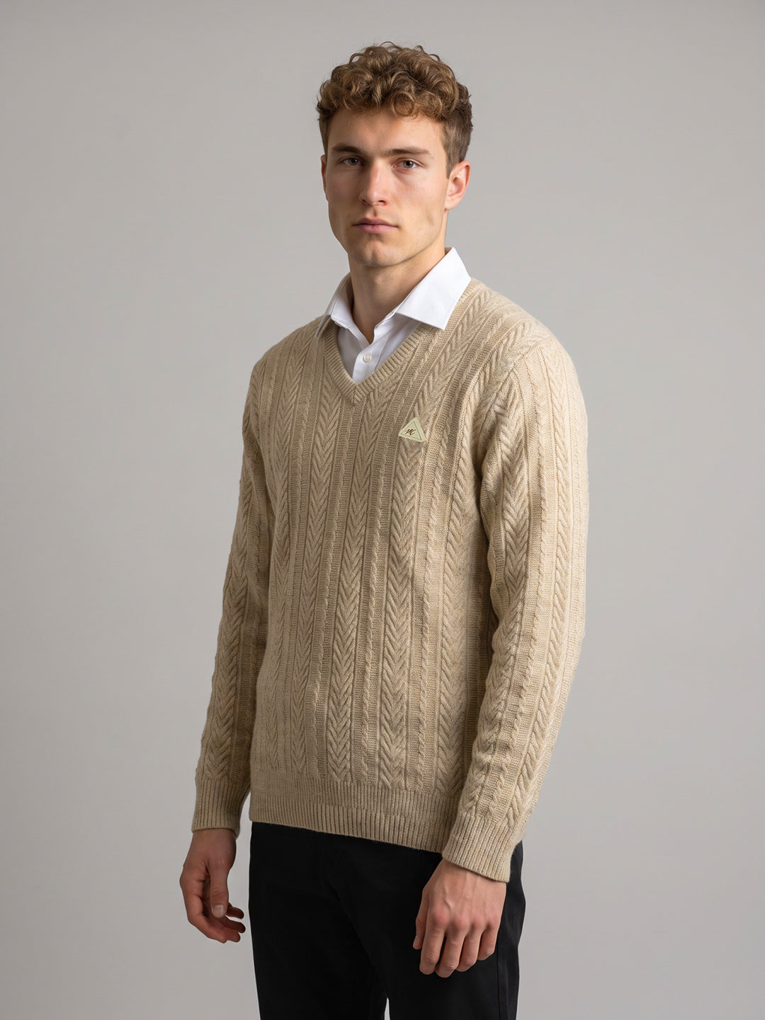 Men Beige Self Design V Neck Full Sleeve Pullover