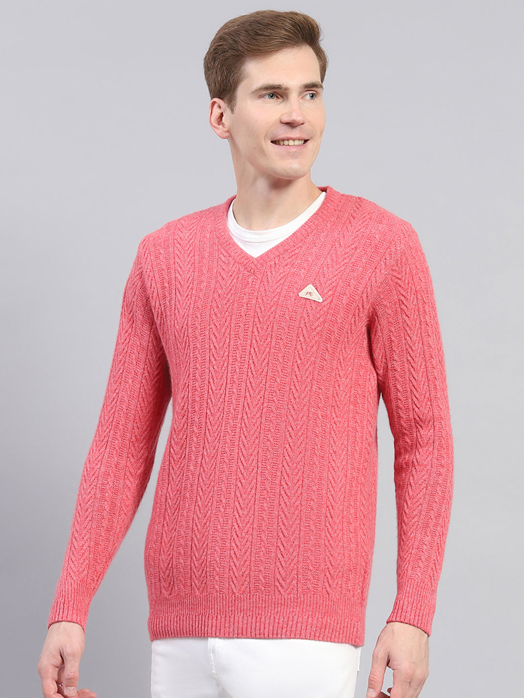 Men Pink Self Design V Neck Full Sleeve Pullover