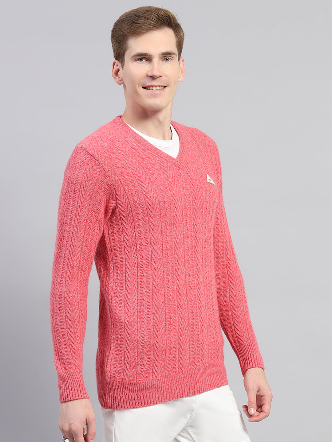 Men Pink Self Design V Neck Full Sleeve Pullover