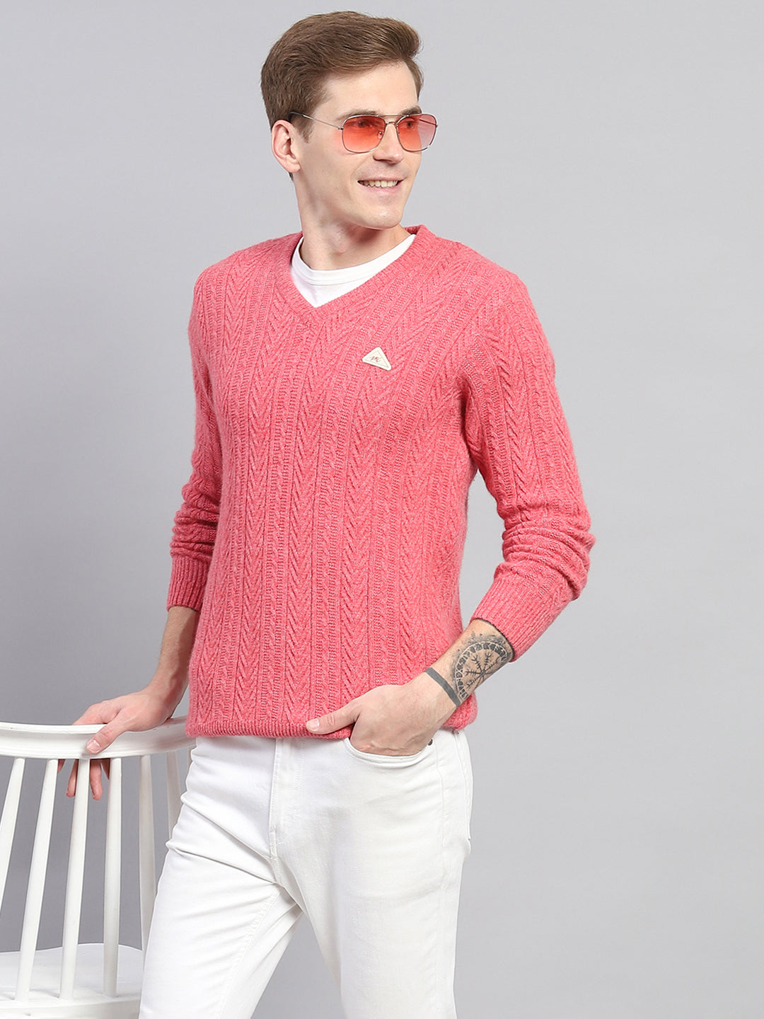 Men Pink Self Design V Neck Full Sleeve Pullover
