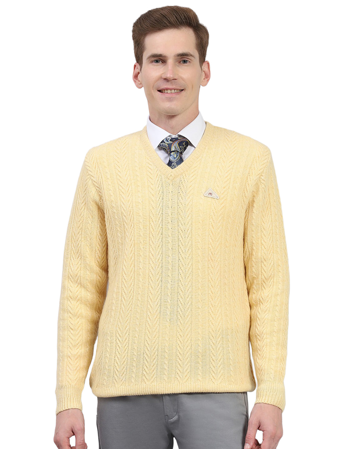 Men Yellow Self Design V Neck Full Sleeve Pullover