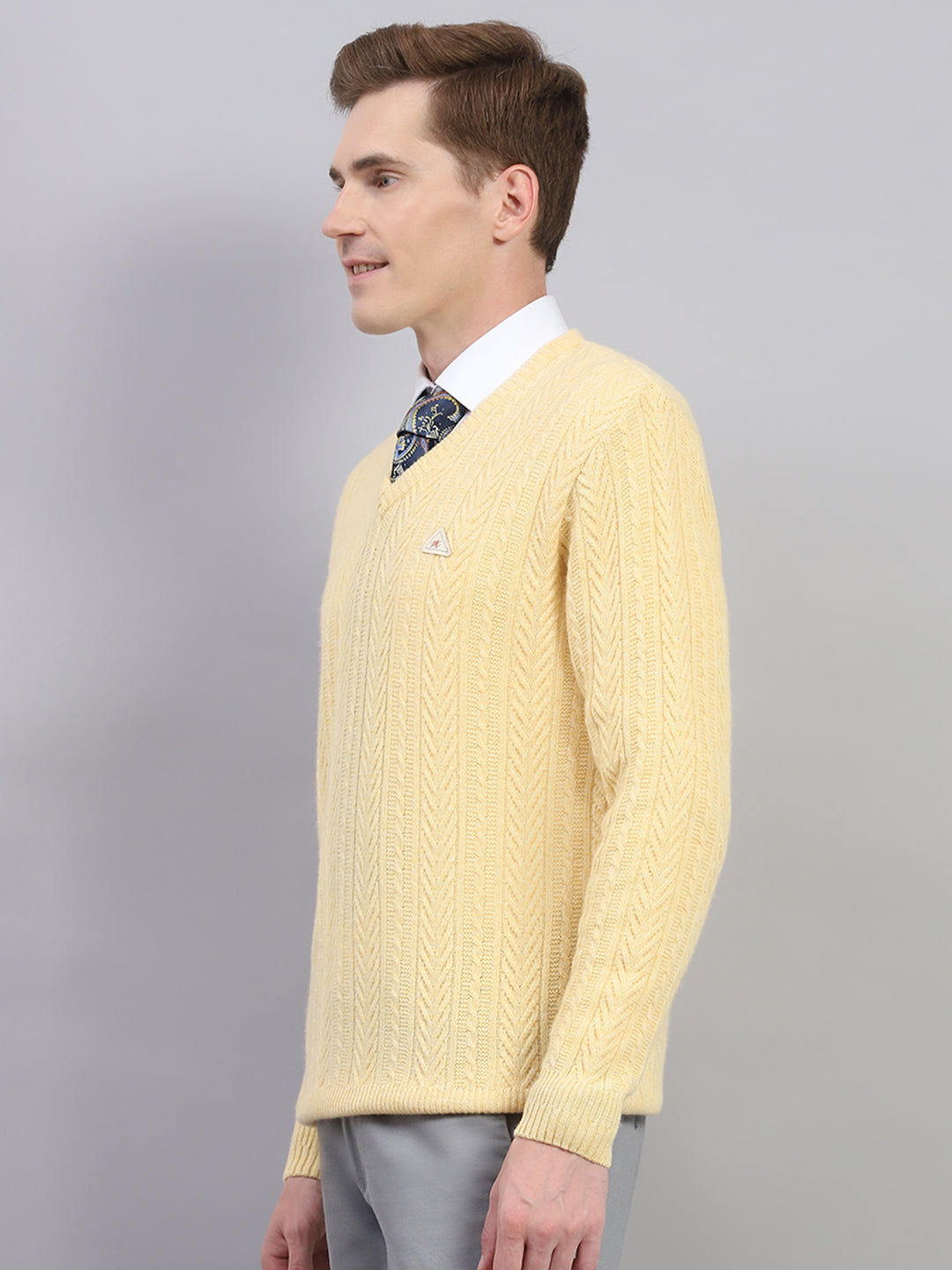 Men Yellow Self Design V Neck Full Sleeve Pullover