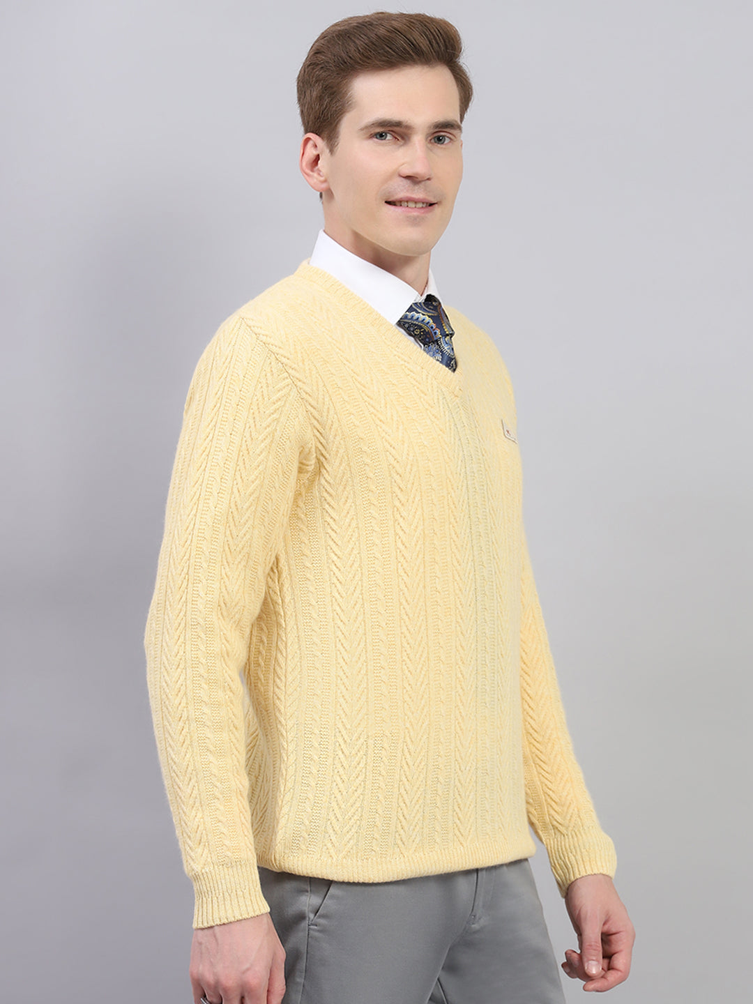 Men Yellow Self Design V Neck Full Sleeve Pullover