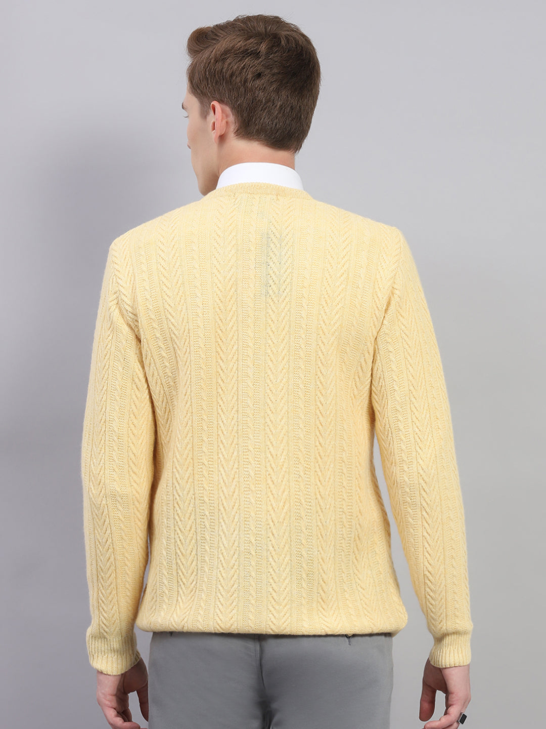 Men Yellow Self Design V Neck Full Sleeve Pullover