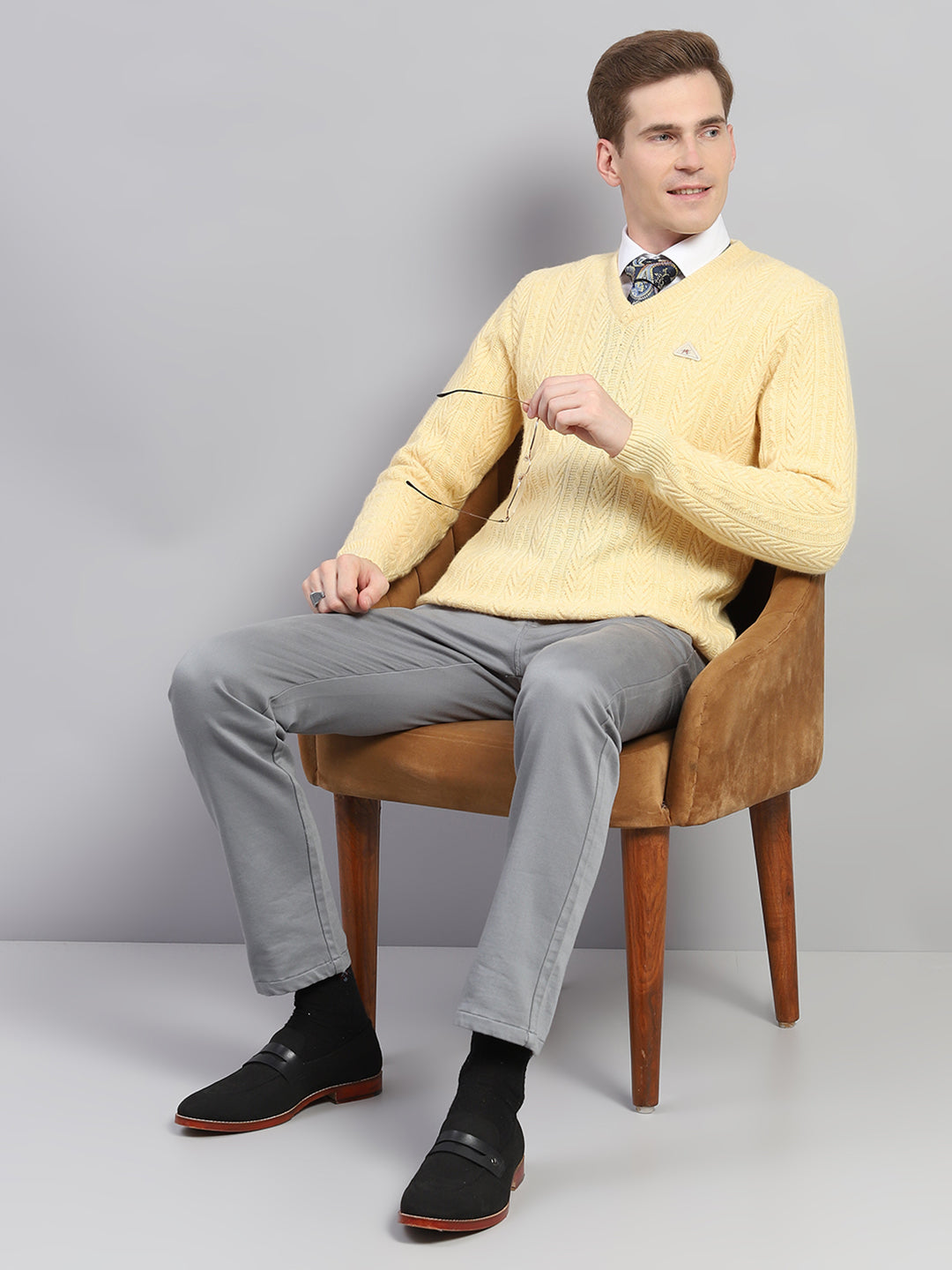 Men Yellow Self Design V Neck Full Sleeve Pullover