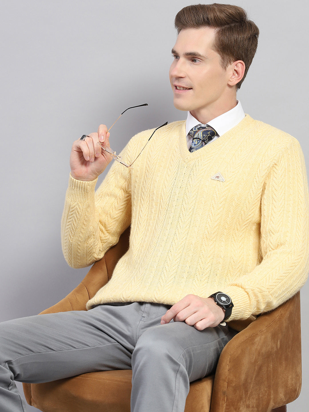 Men Yellow Self Design V Neck Full Sleeve Pullover