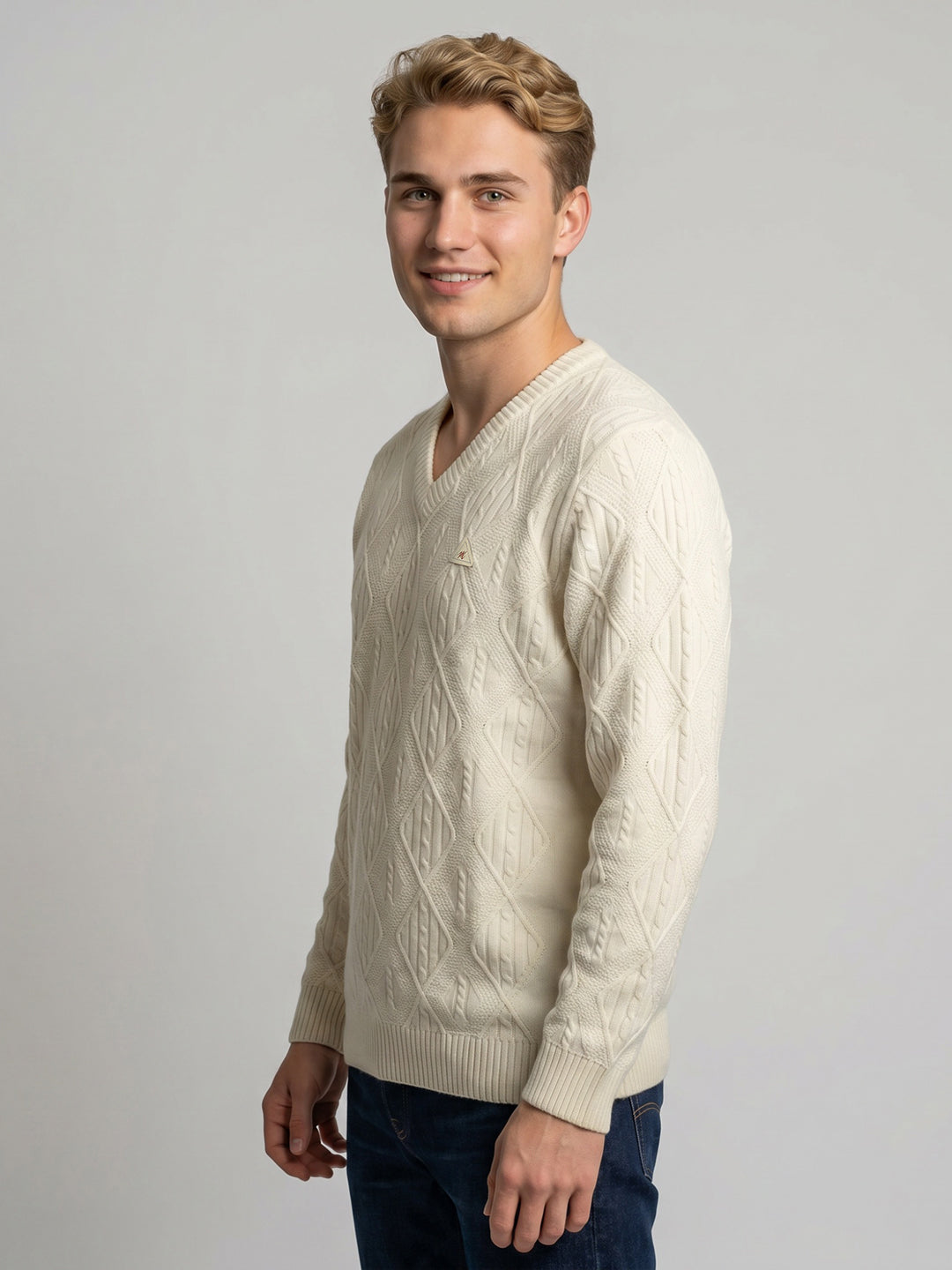 Men Off White Self Design V Neck Full Sleeve Pullover