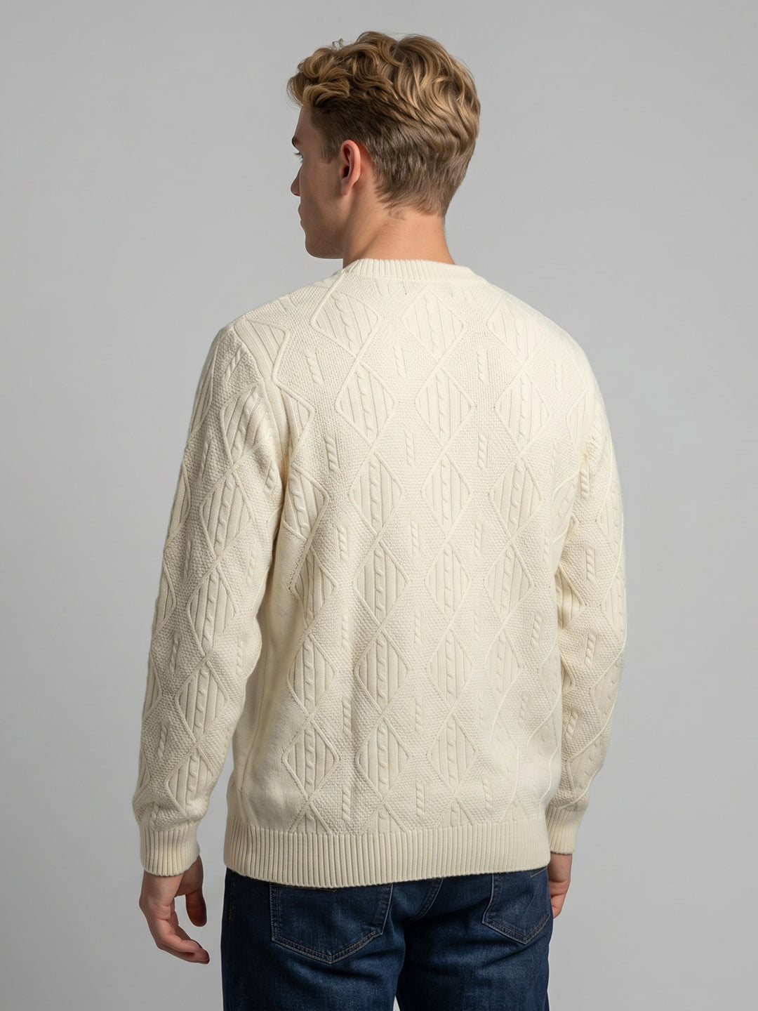 Men Off White Self Design V Neck Full Sleeve Pullover
