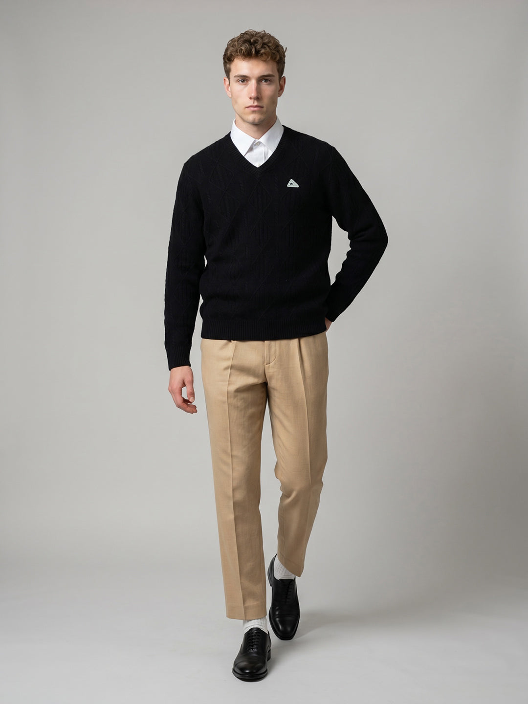 Men Black Self Design V Neck Full Sleeve Pullover