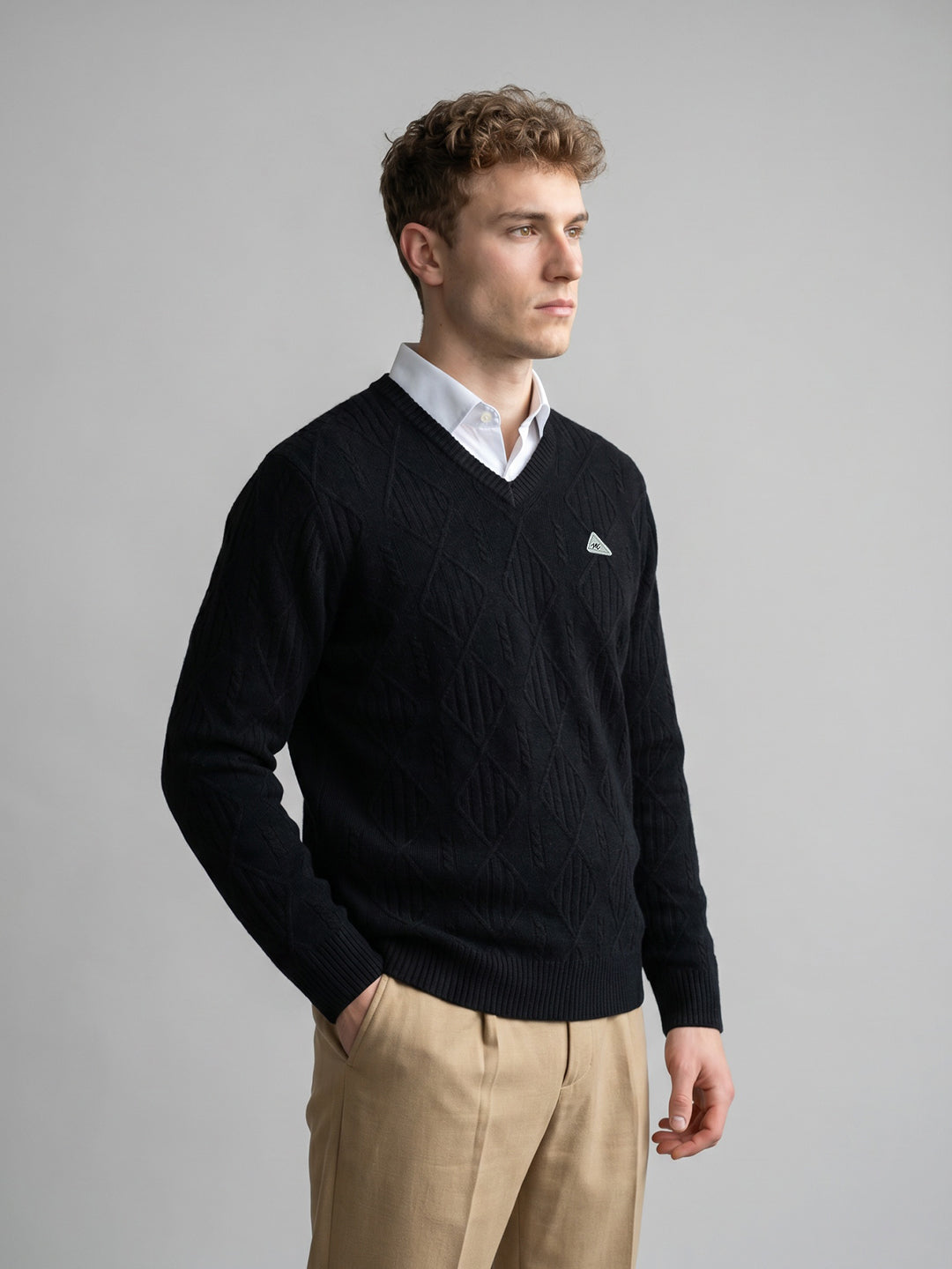 Men Black Self Design V Neck Full Sleeve Pullover