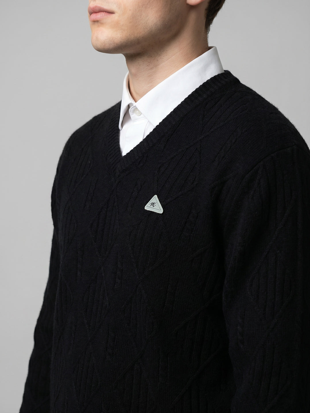Men Black Self Design V Neck Full Sleeve Pullover