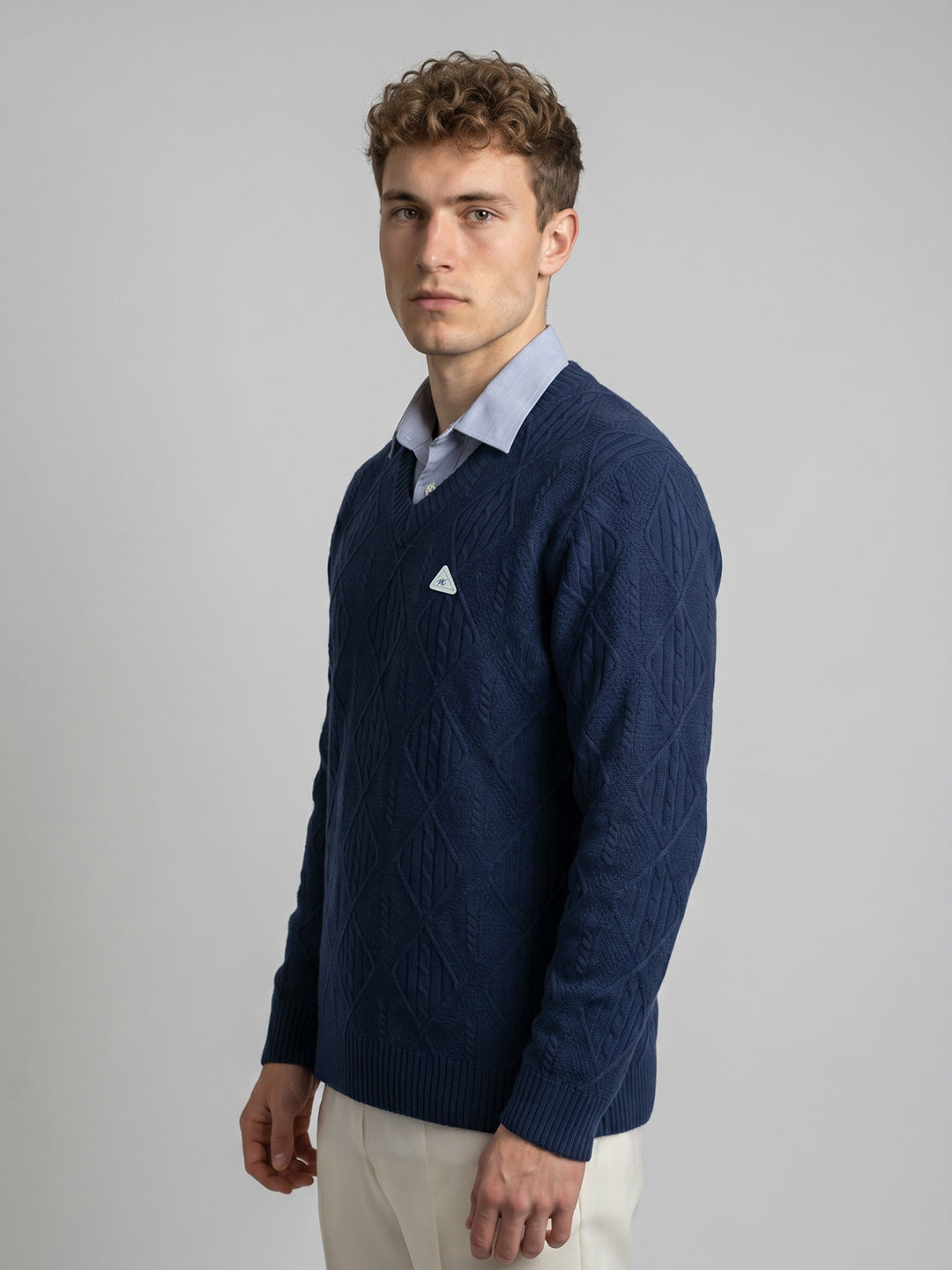 Men Blue Self Design V Neck Full Sleeve Pullover