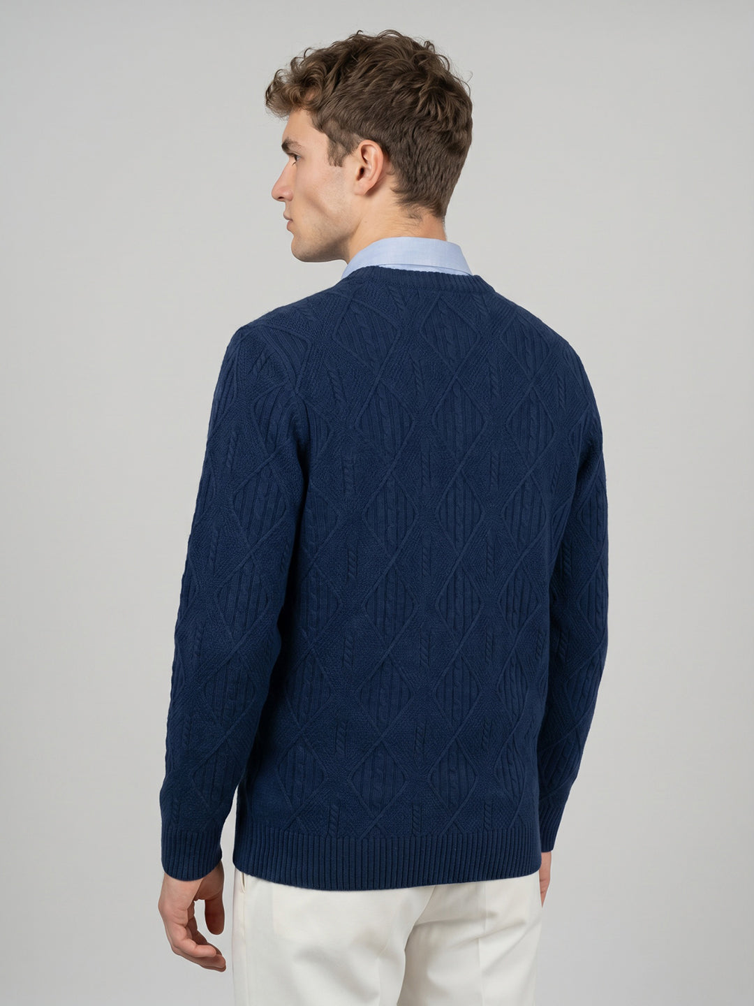 Men Blue Self Design V Neck Full Sleeve Pullover