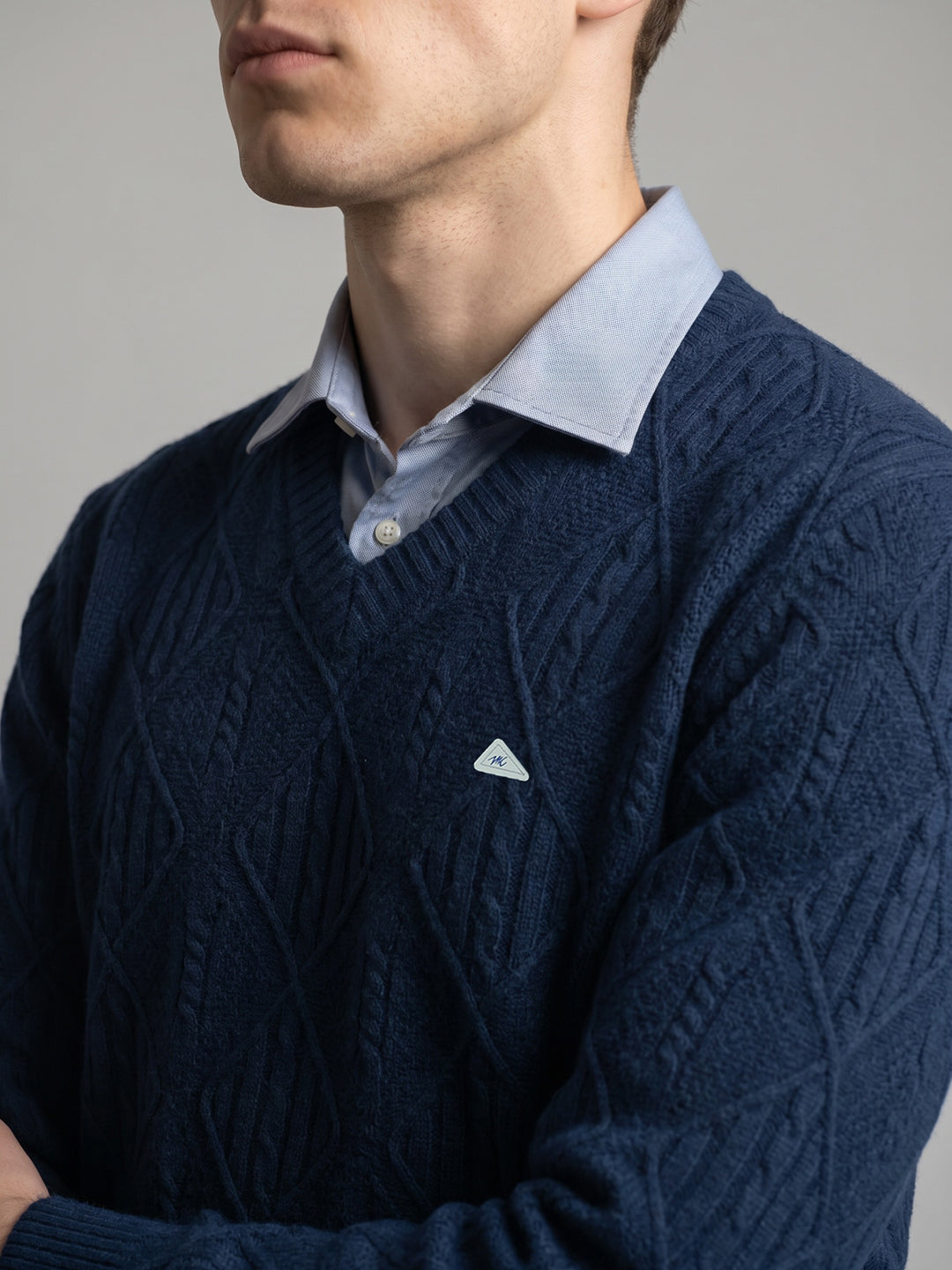 Men Blue Self Design V Neck Full Sleeve Pullover