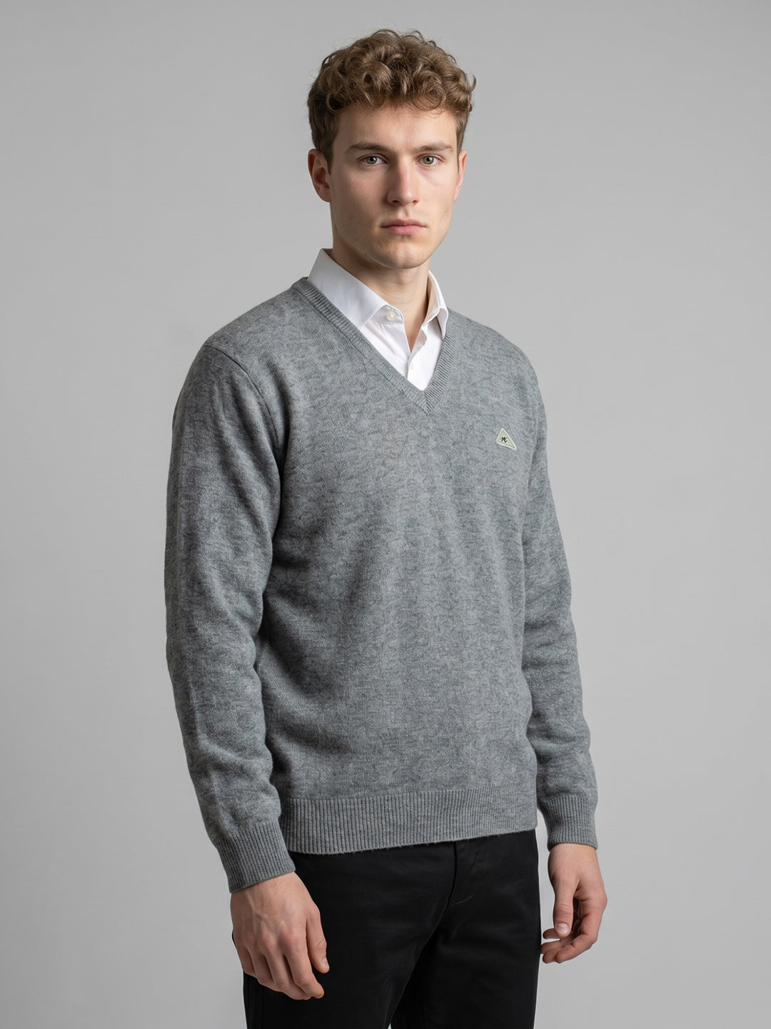 Men Grey Self Design V Neck Full Sleeve Pullover