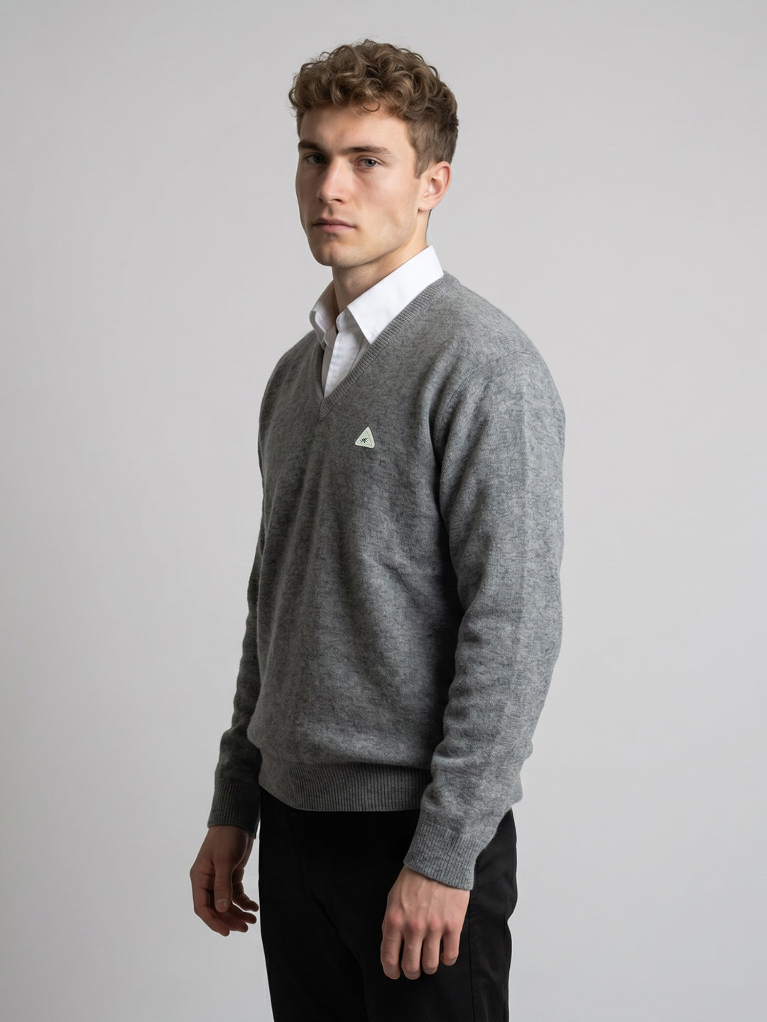 Men Grey Self Design V Neck Full Sleeve Pullover