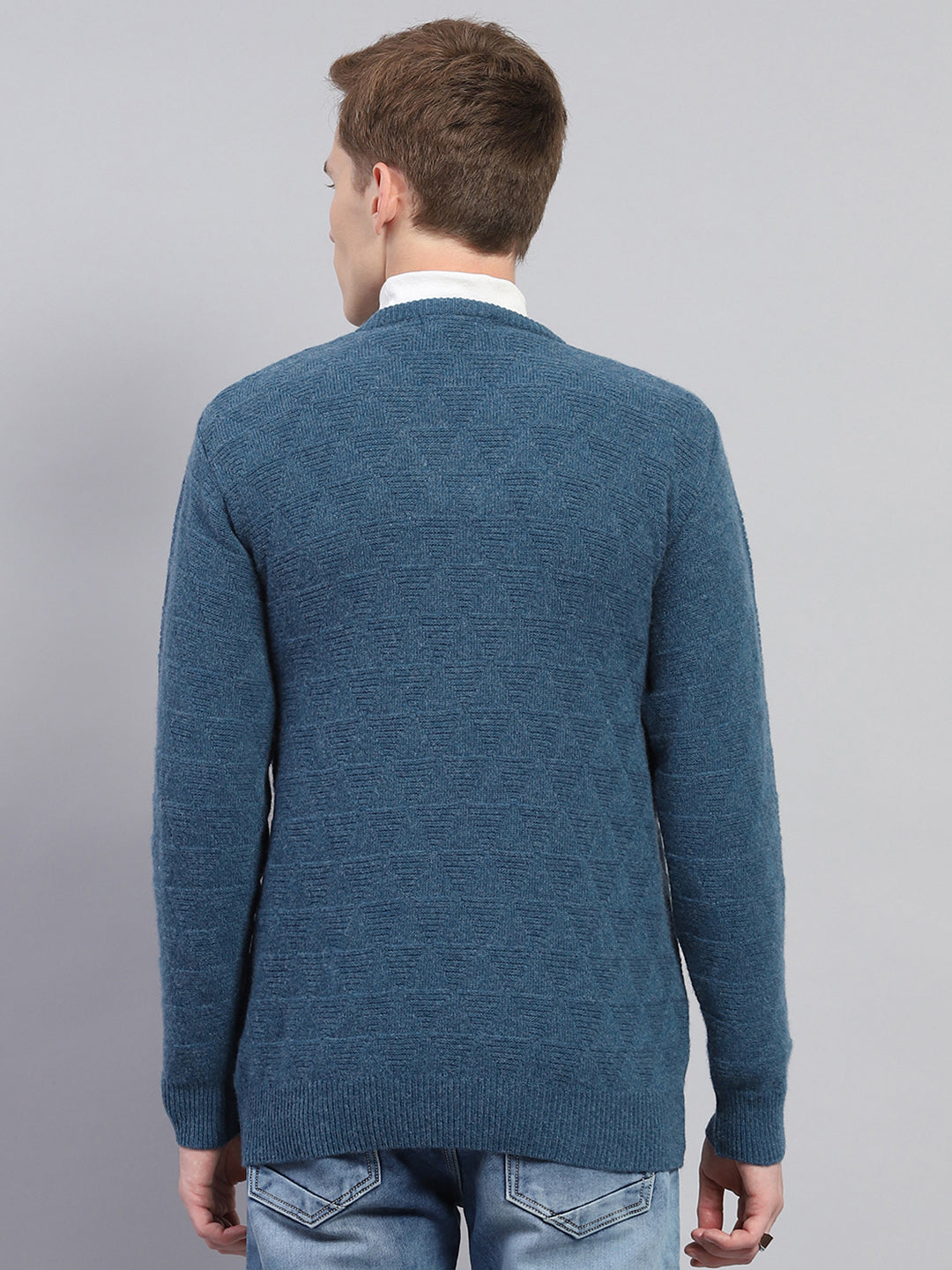 Men Blue Self Design V Neck Full Sleeve Pullover