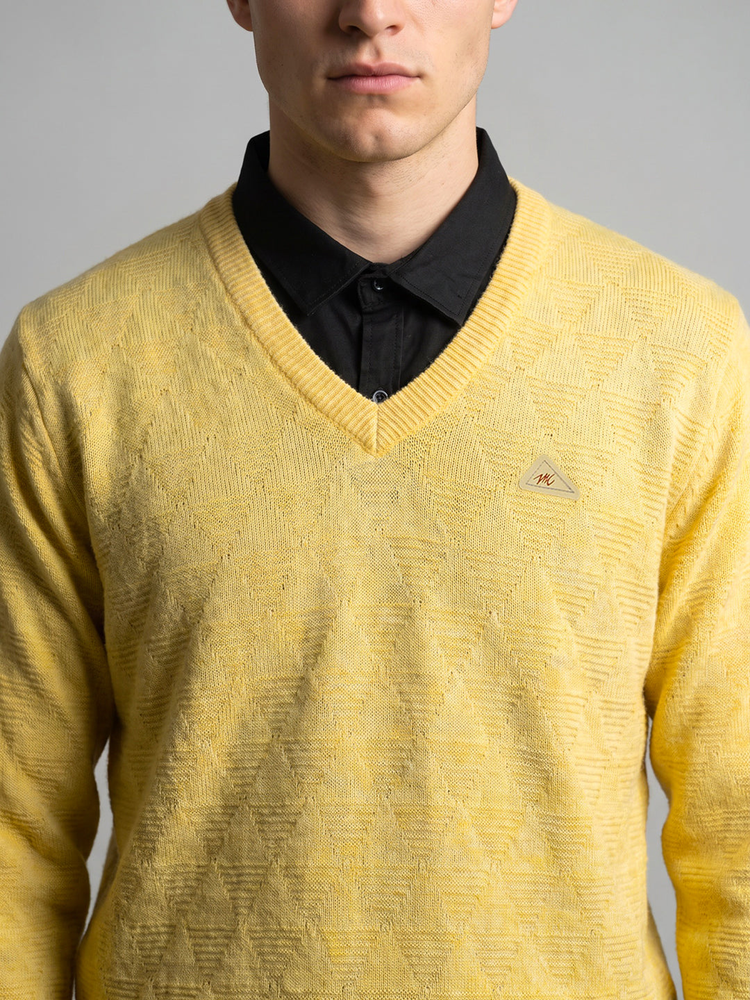 Men Yellow Self Design V Neck Full Sleeve Pullover