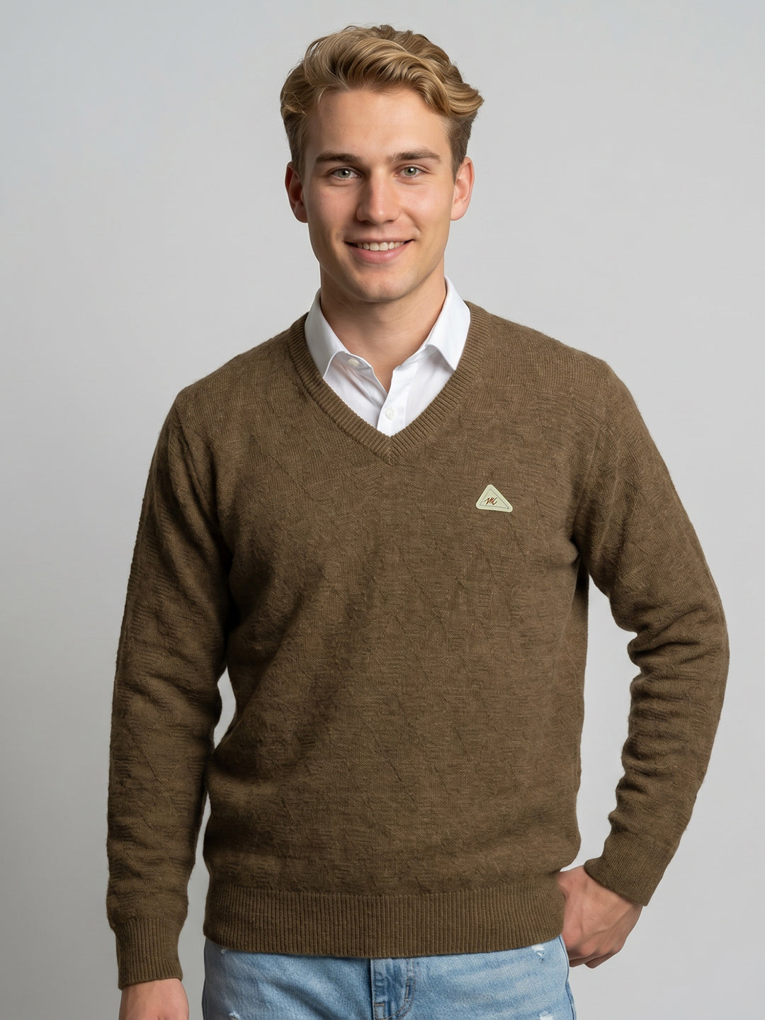 Men Brown Self Design V Neck Full Sleeve Pullover