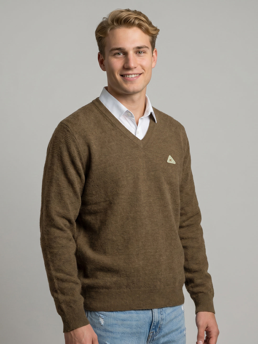 Men Brown Self Design V Neck Full Sleeve Pullover