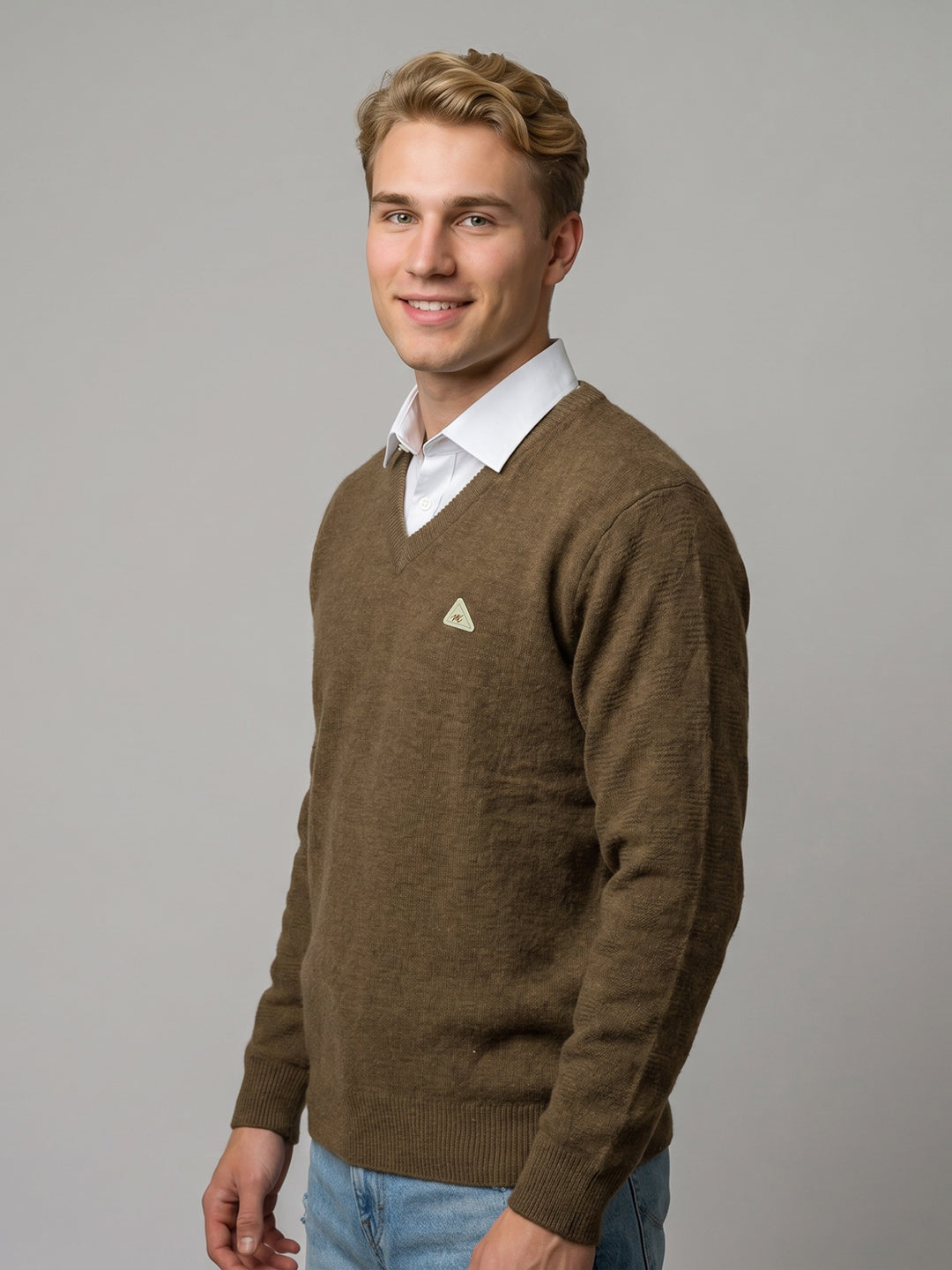 Men Brown Self Design V Neck Full Sleeve Pullover