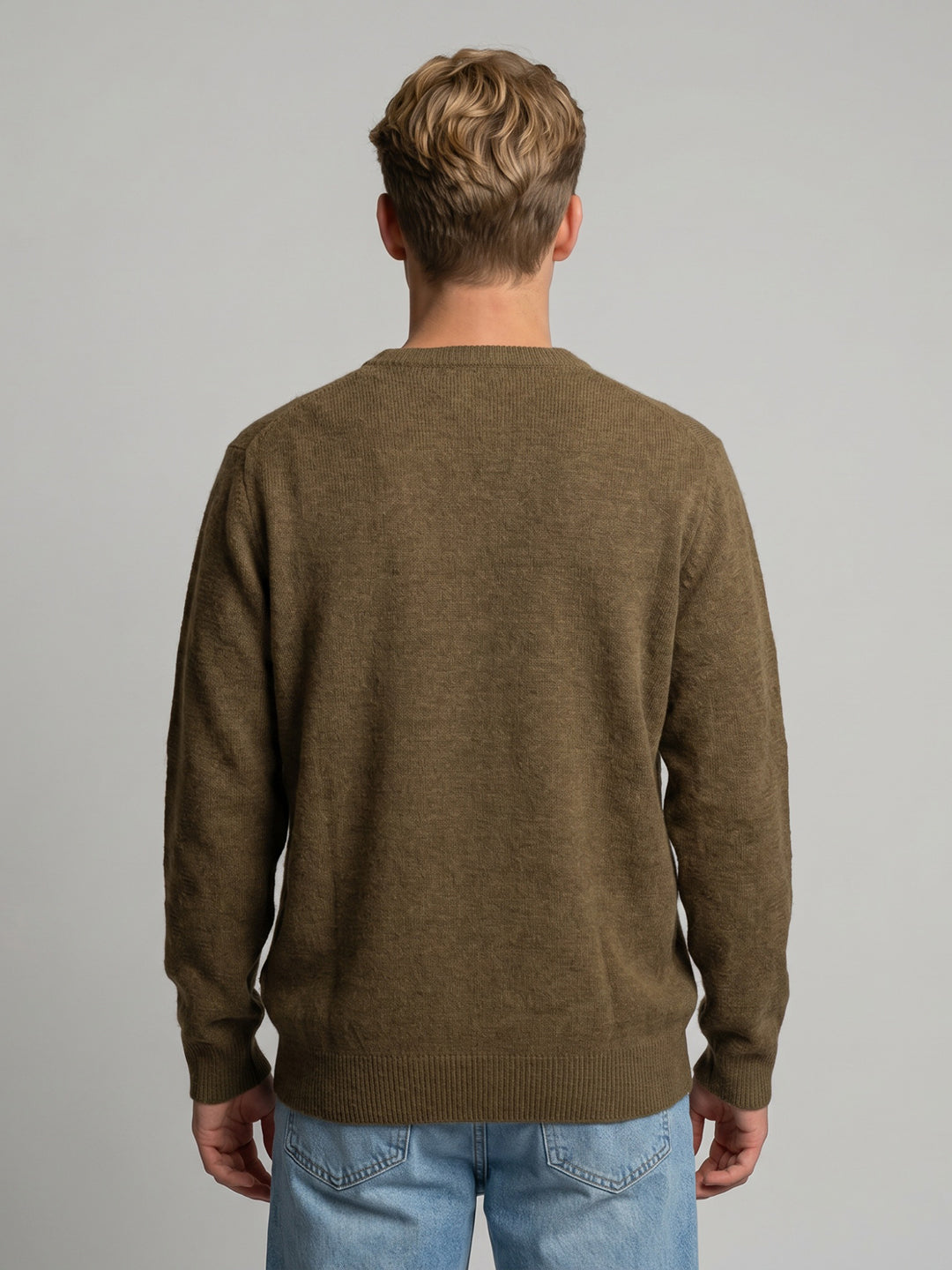 Men Brown Self Design V Neck Full Sleeve Pullover