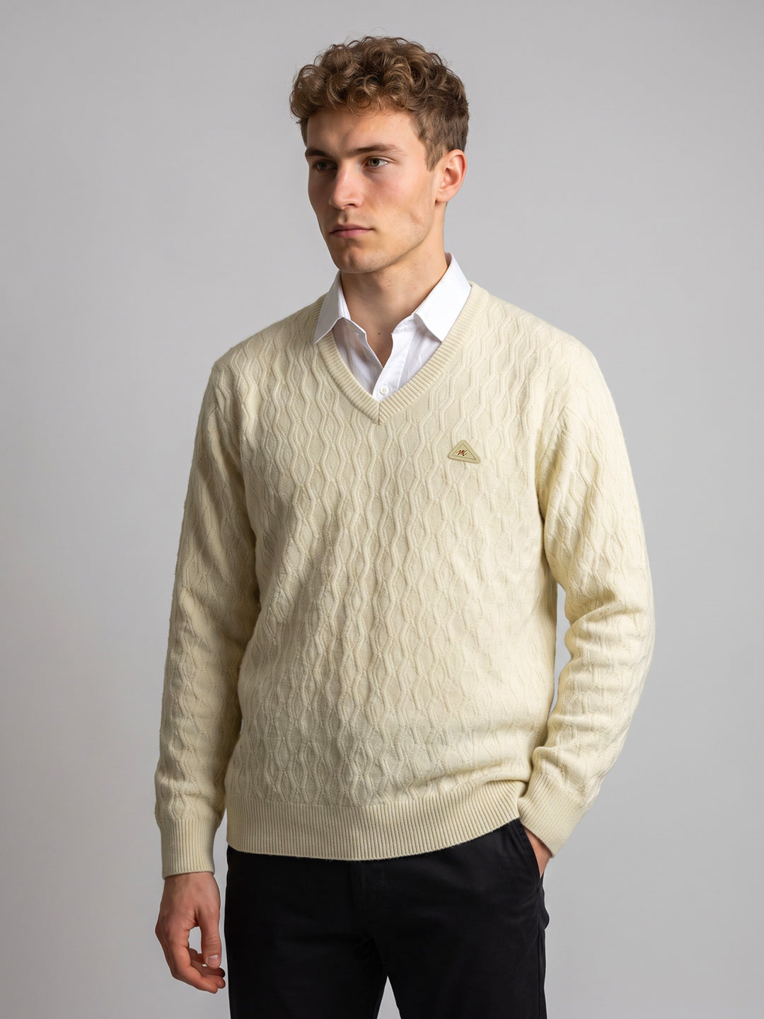 Men Cream Self Design V Neck Full Sleeve Pullover