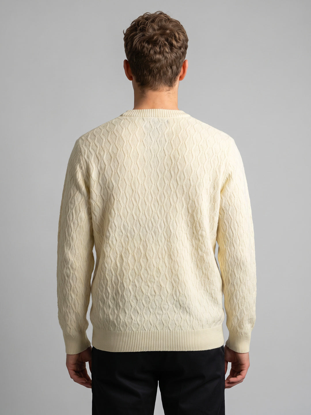Men Cream Self Design V Neck Full Sleeve Pullover