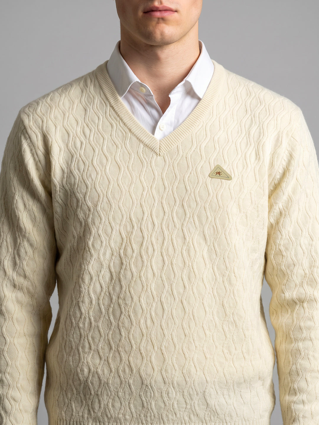 Men Cream Self Design V Neck Full Sleeve Pullover