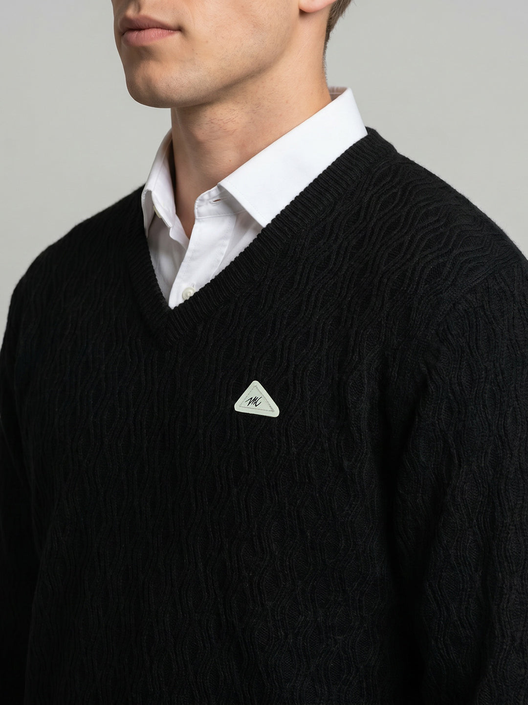 Men Black Self Design V Neck Full Sleeve Pullover