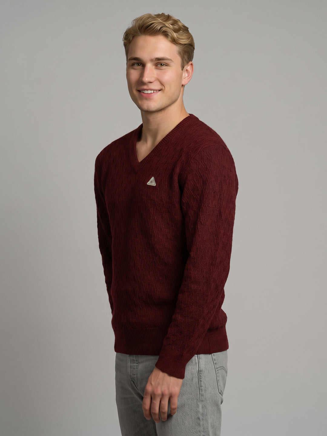Men Maroon Self Design V Neck Full Sleeve Pullover