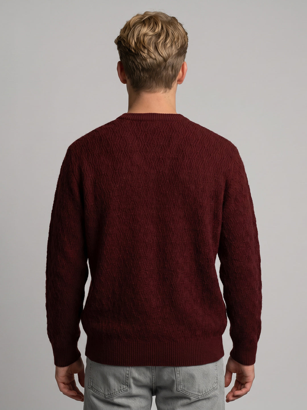 Men Maroon Self Design V Neck Full Sleeve Pullover