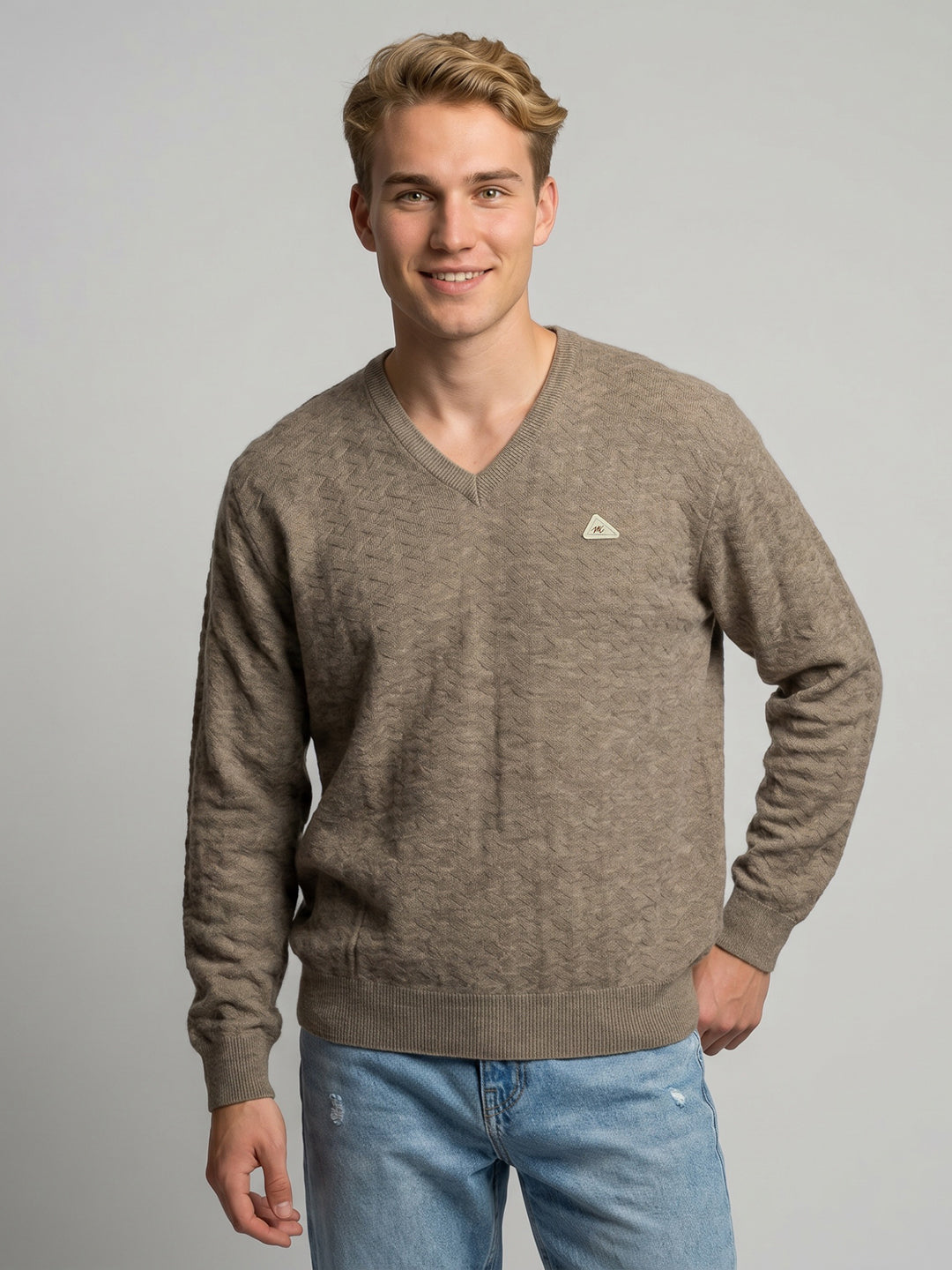 Men Camel Brown Self Design V Neck Full Sleeve Pullover