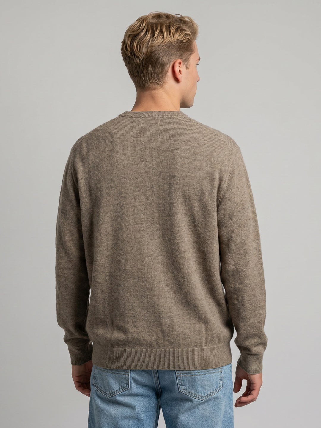 Men Camel Brown Self Design V Neck Full Sleeve Pullover