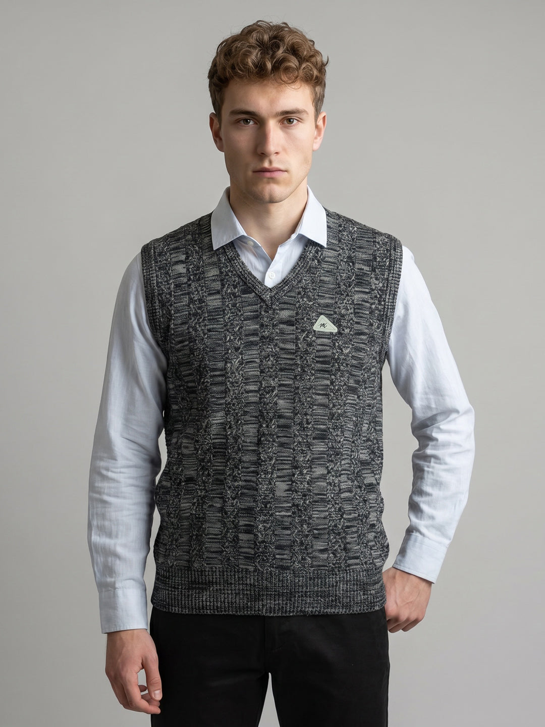 Men Black Jacquard V Neck Sleeveless Sweater