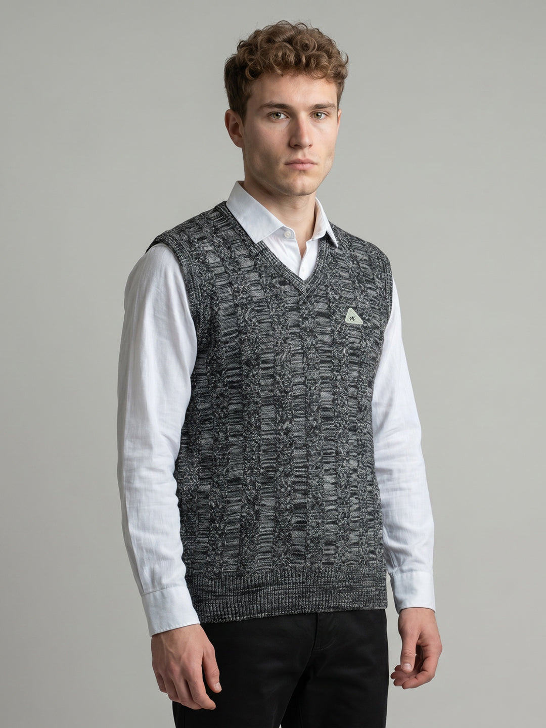 Men Black Jacquard V Neck Sleeveless Sweater