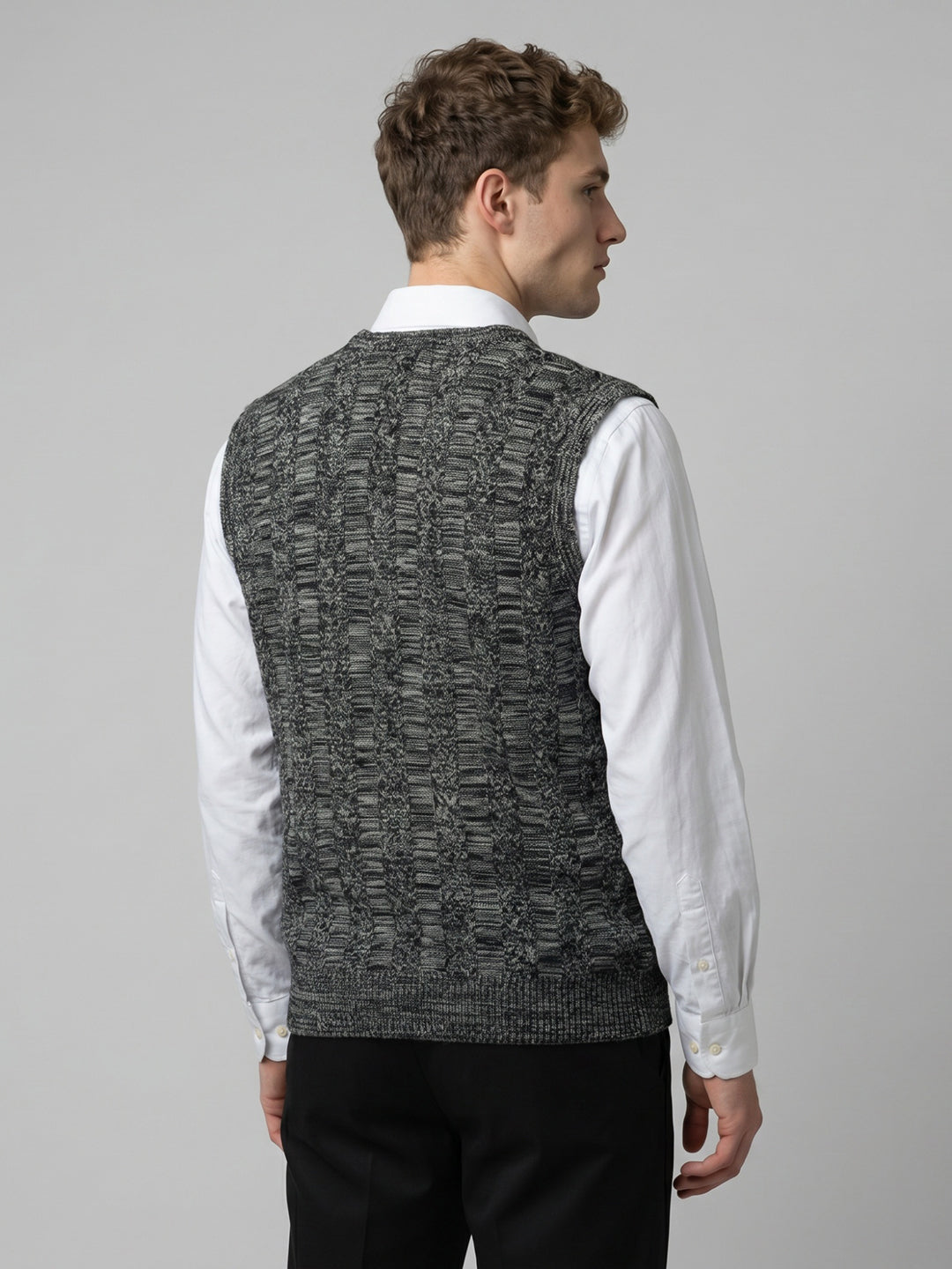 Men Black Jacquard V Neck Sleeveless Sweater