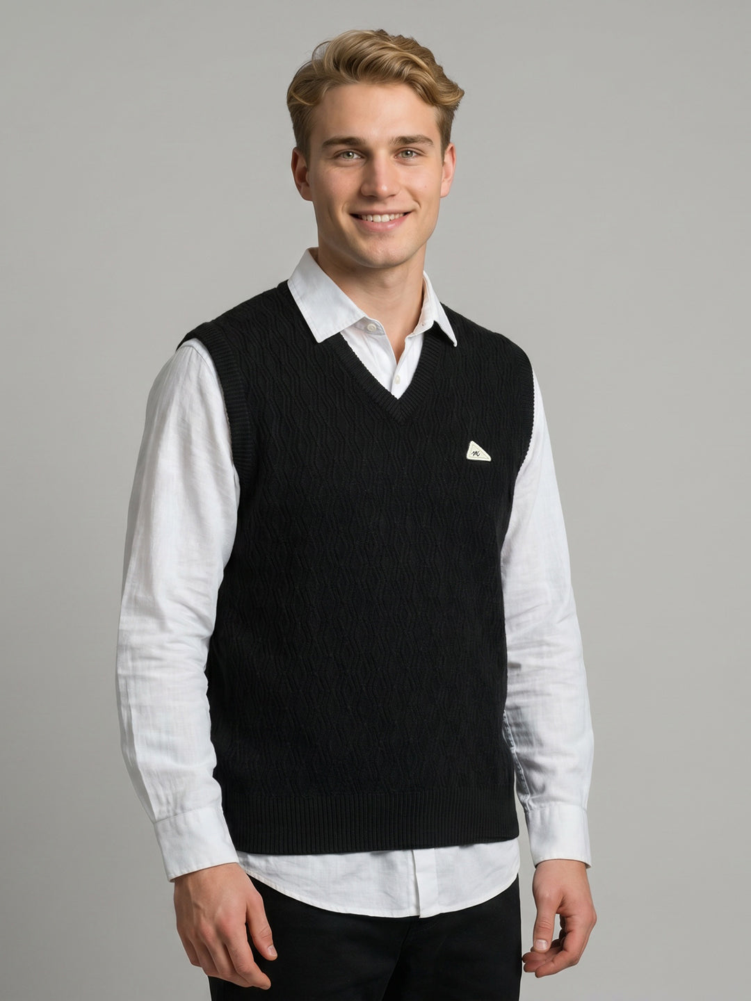 Men Black Self Design V Neck Sleeveless Sweater