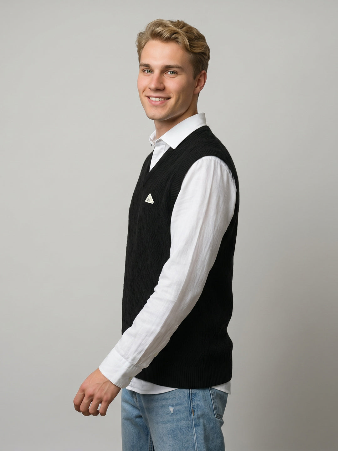 Men Black Self Design V Neck Sleeveless Sweater