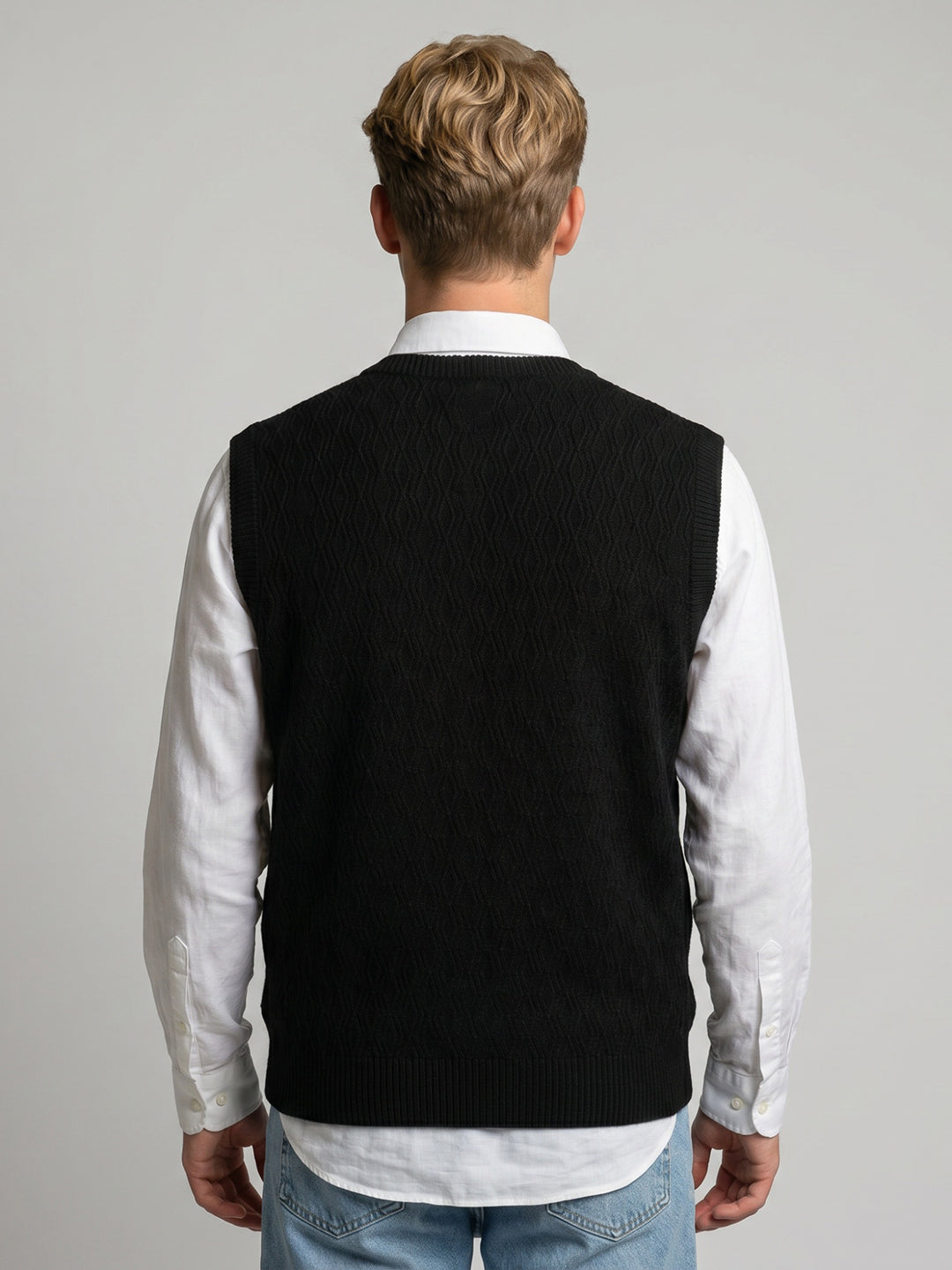 Men Black Self Design V Neck Sleeveless Sweater