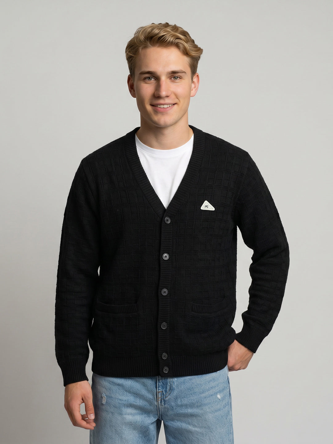 Men Black Self Design V Neck Full Sleeve Cardigan