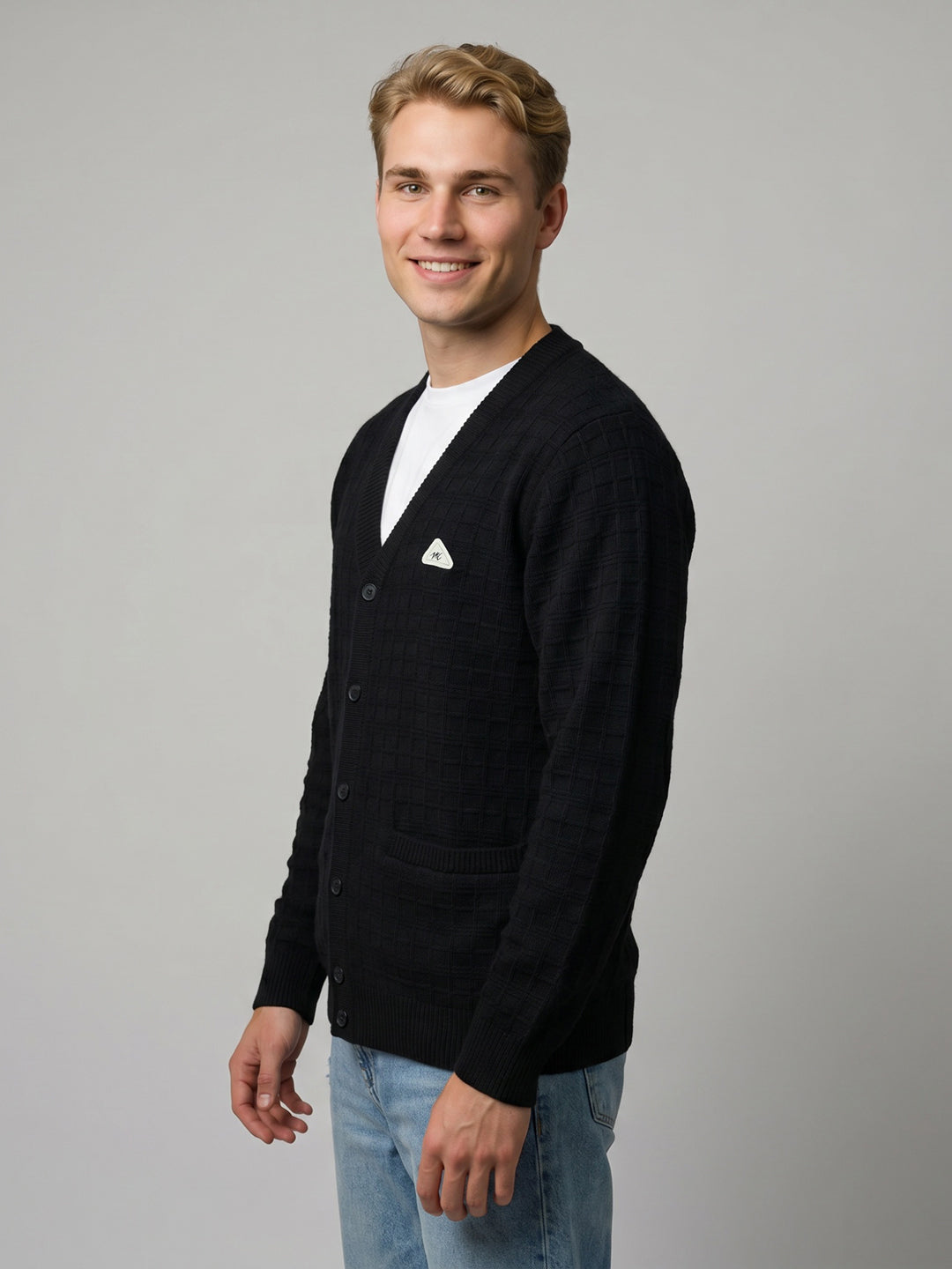 Men Black Self Design V Neck Full Sleeve Cardigan