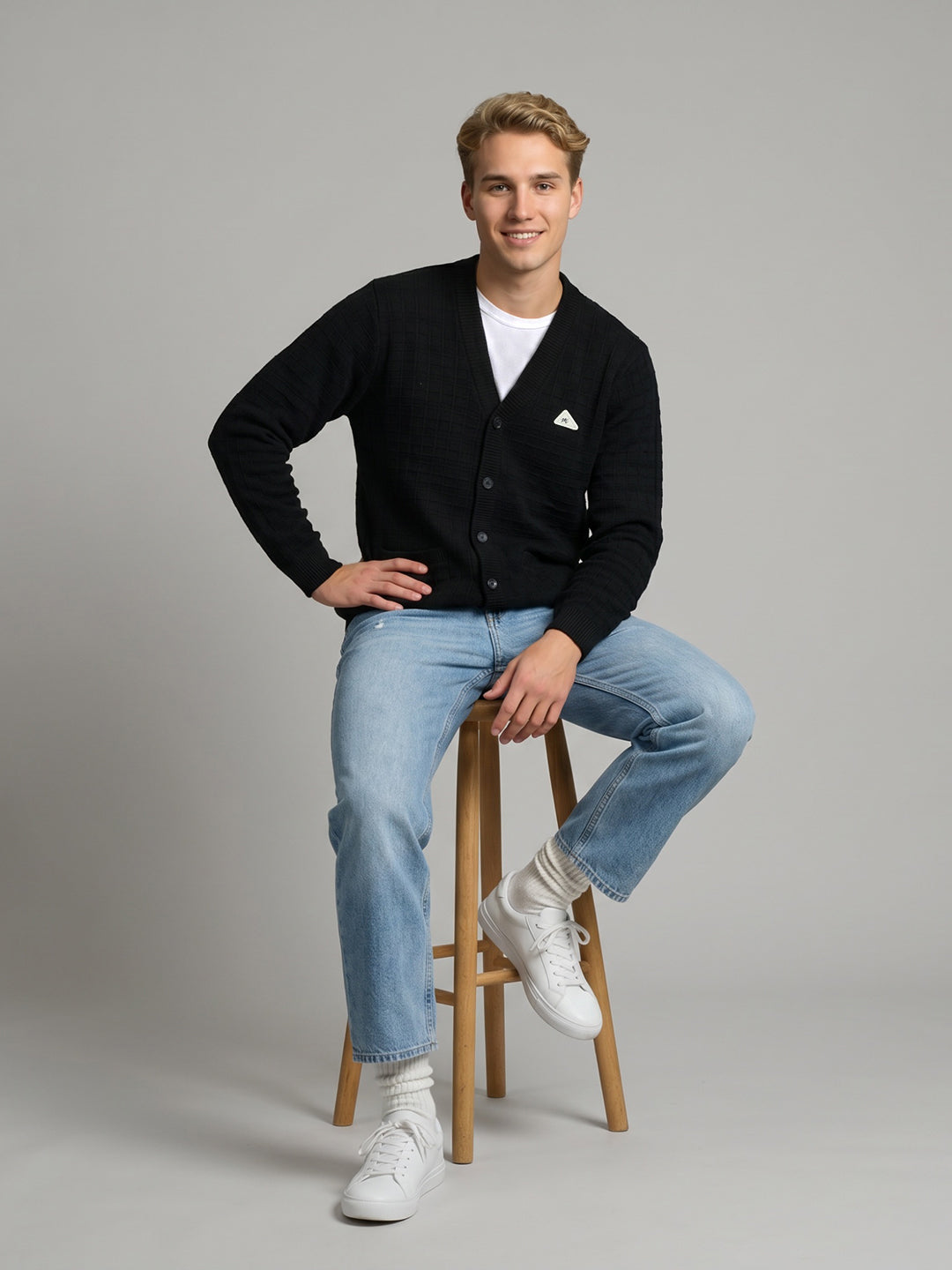 Men Black Self Design V Neck Full Sleeve Cardigan