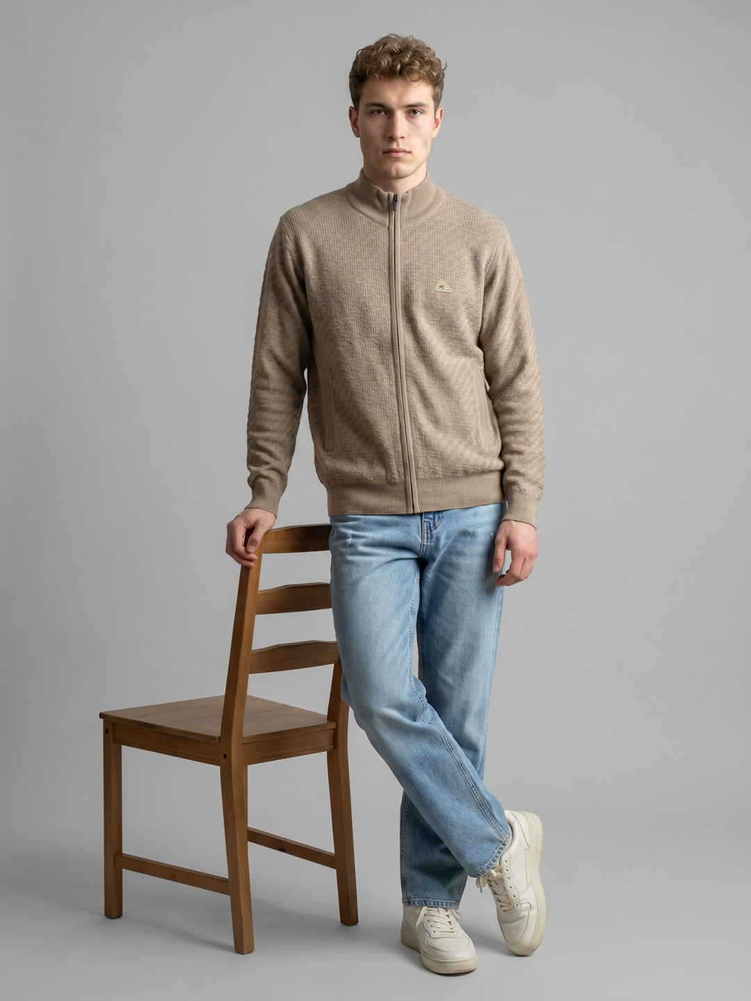 Men Beige Self Design Turtle Neck Full Sleeve Pullover
