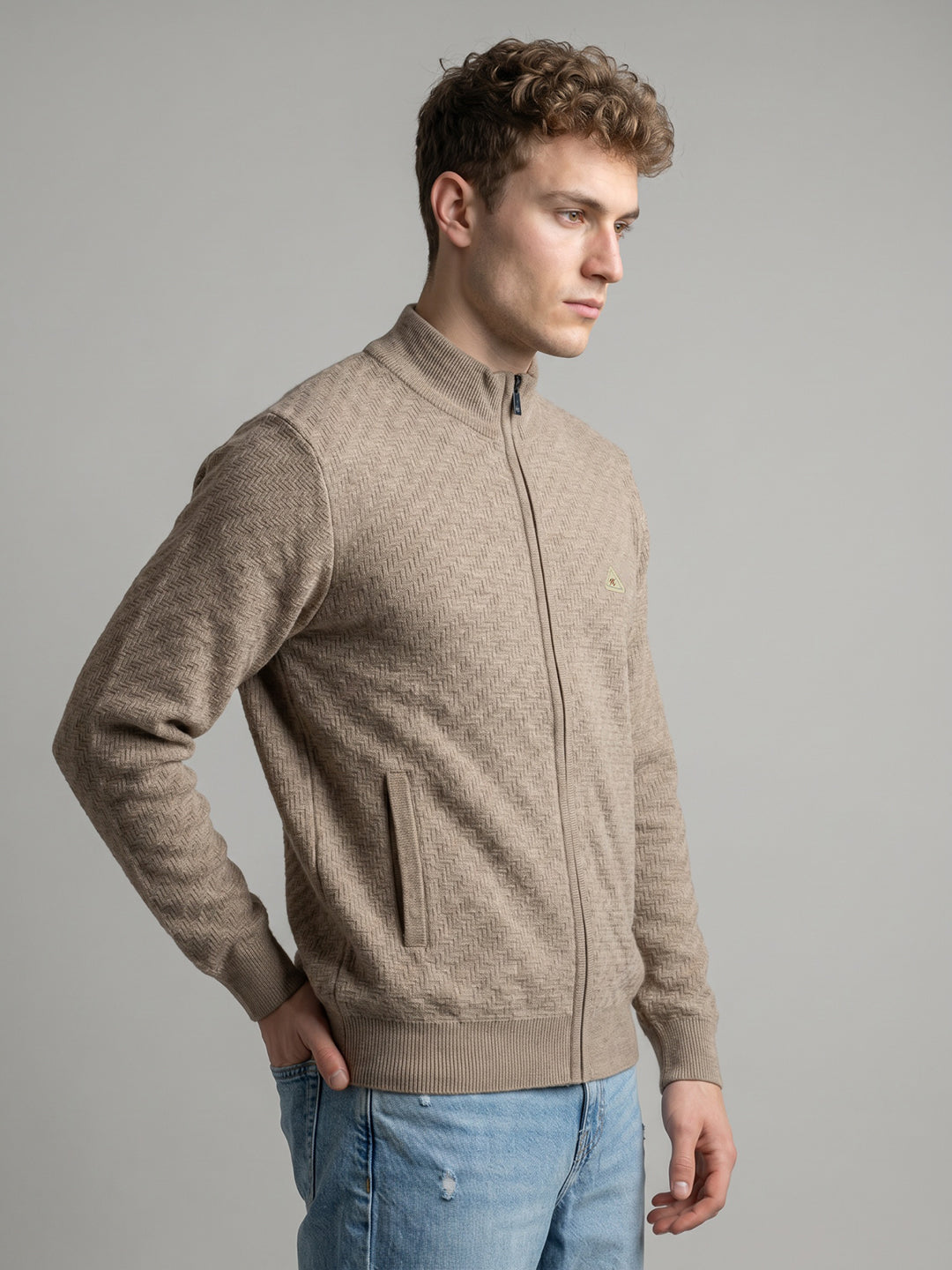 Men Beige Self Design Turtle Neck Full Sleeve Pullover