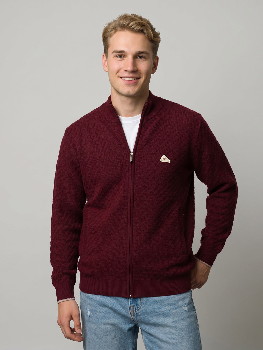 Men Purple Self Design Turtle Neck Full Sleeve Pullover