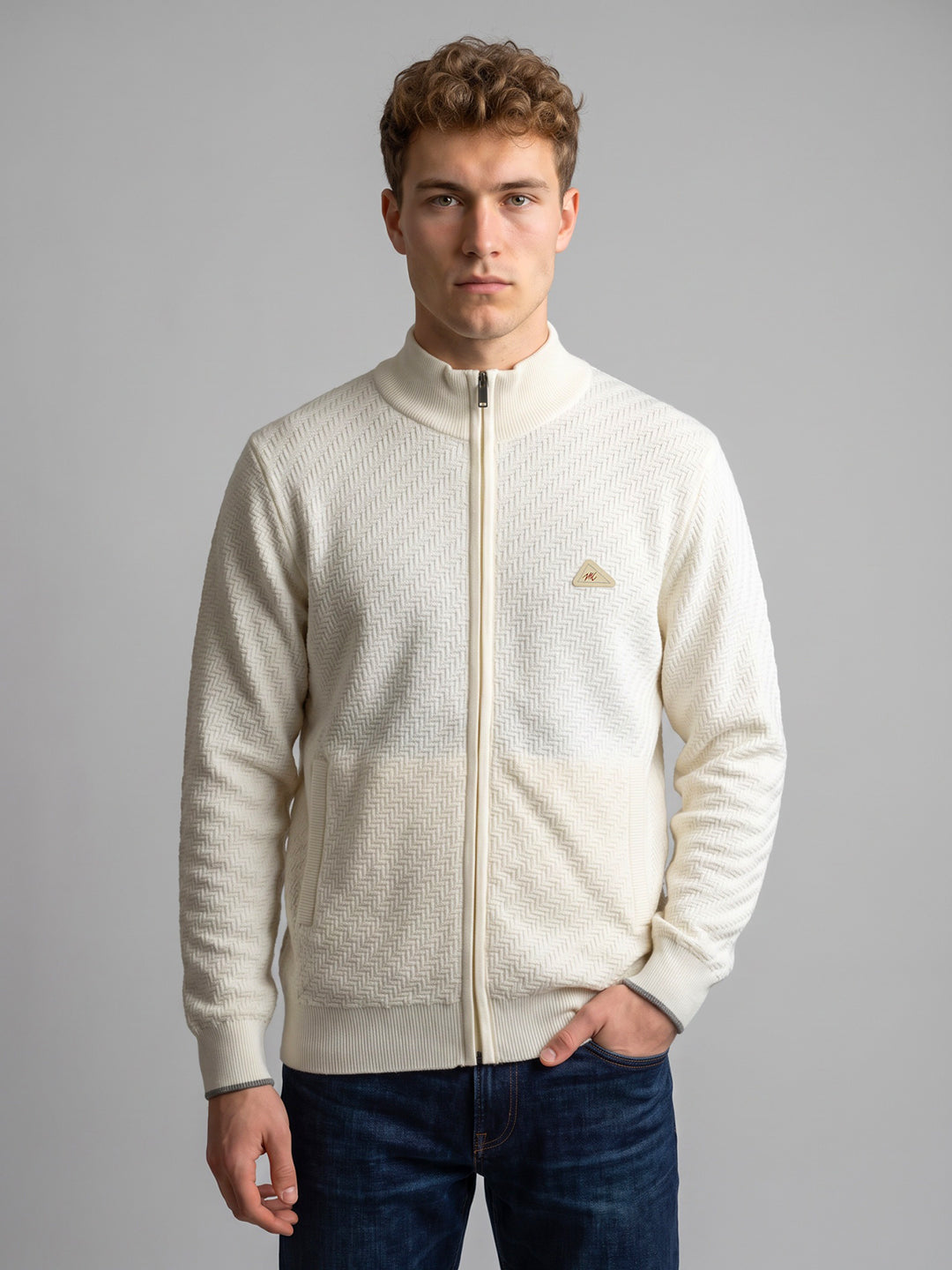 Men Off White Self Design Turtle Neck Full Sleeve Pullover