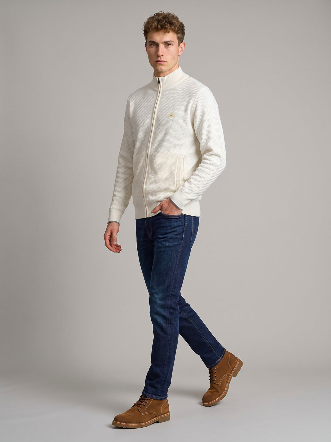 Men Off White Self Design Turtle Neck Full Sleeve Pullover