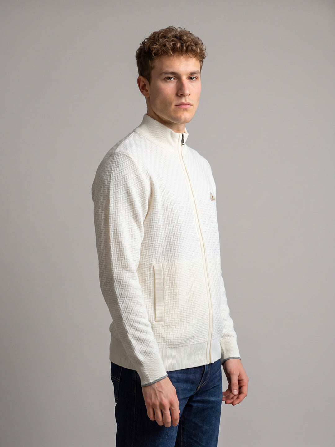 Men Off White Self Design Turtle Neck Full Sleeve Pullover